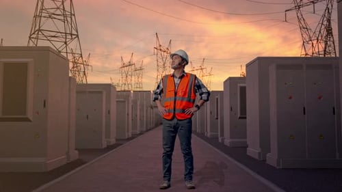 Engineer Stands at Electrical Power Plant During Sunset