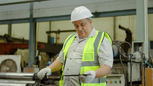 Professional factory worker wearing safety helmet and vest inspecting metal components in a workshop