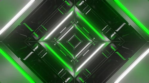 White And Green Neon Mirror Square Tunnel Background Vj Loop In 4K