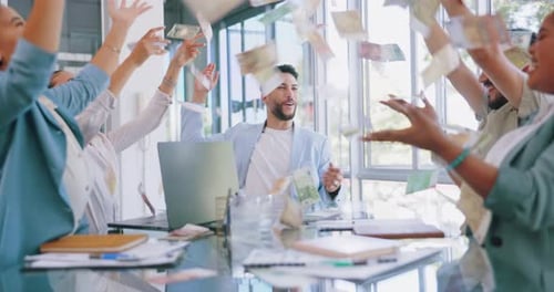 Business meeting, celebration and team with money in air for profit, bonus or success achievement