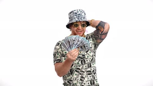 Smiling Man Holds a Fan of Hundred Dollar Bills