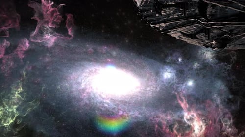 Futuristic Spaceship Flying Through a Vibrant Galaxy Scene