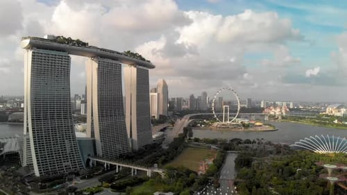 Aerial view of the skyline of Singapore with the Marina Bay Sands and the financial district. Singap