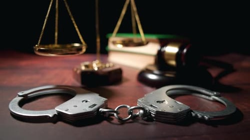 Imagem aproximada de um martelo de juiz com algemas e uma balança de justiça, livros ou códices de advogados jurídicos