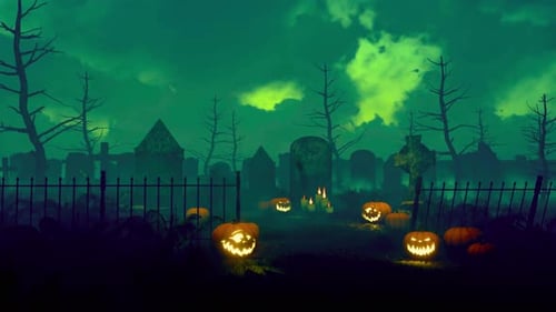 Spooky Halloween graveyard scene with glowing jack-o'-lanterns and eerie green mist
