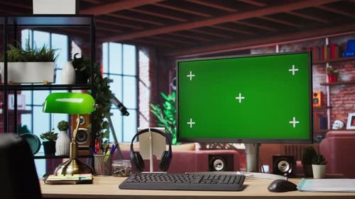 Chroma Key Computer Display in Loft with Shelves Filled with Books in Background