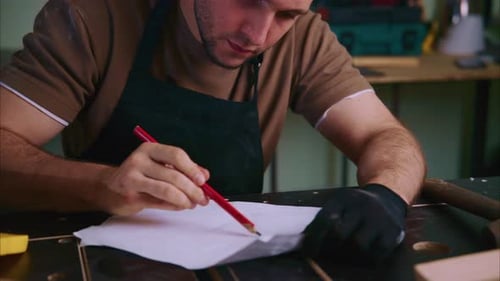Carpenter Drawing Scheme on Paper in Workshop
