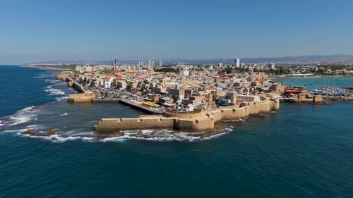 Aerial video over the old city of Acre in northern Israel