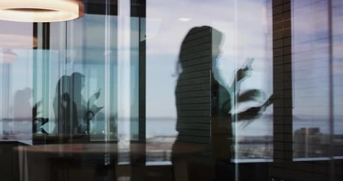 Busy office, people and walking with silhouette, documents and building with technology