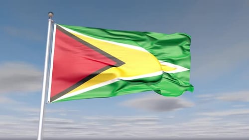 Realistic Waving Flag of Guyana Against Blue Sky