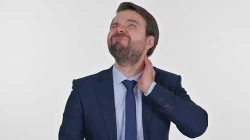 Middle Aged Businessman with Neck Pain on White Background