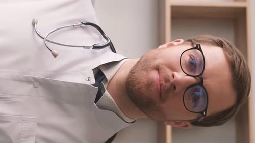 Portrait of a Doctor in a White Coat and Glasses He is Looking at the Camera and Smiling