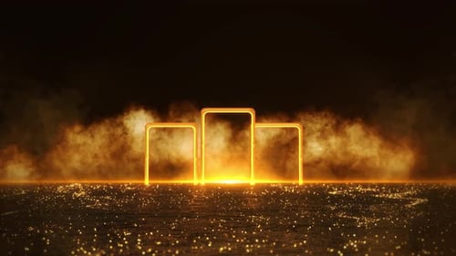 Shimmering Golden Platform Glowing Light and Dramatic Smoke Cinematic Futuristic Scene for Product