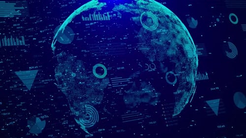 Futuristic Big Data and Stock Market Business 3D Space Showing Pie Charts Numbers and Graphs in Blue