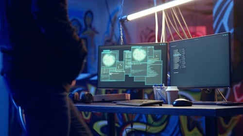 Hacker Arriving in Secret Underground Base with SSD Containing Data