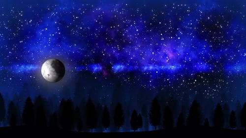 Tree And Glowing Star Blinking Animation At Night With Moon. Moon Rising Forest View Animation Video