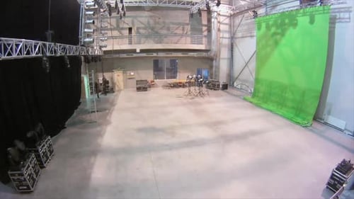 timelapse green screen is set up in the sound stage