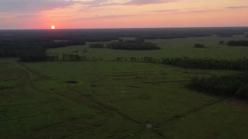 Beatiful drone shot of a sunset in the countryside of Florida.
