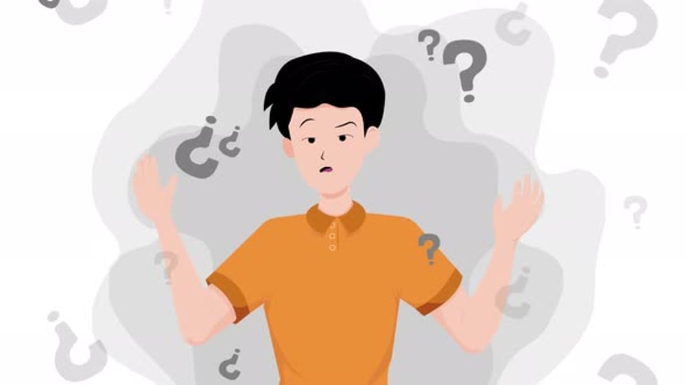confused man with question marks, person not knowing what decision to ...
