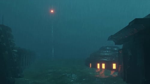 Rain Falls On The Mysterious Village In The Fog Zone At Night