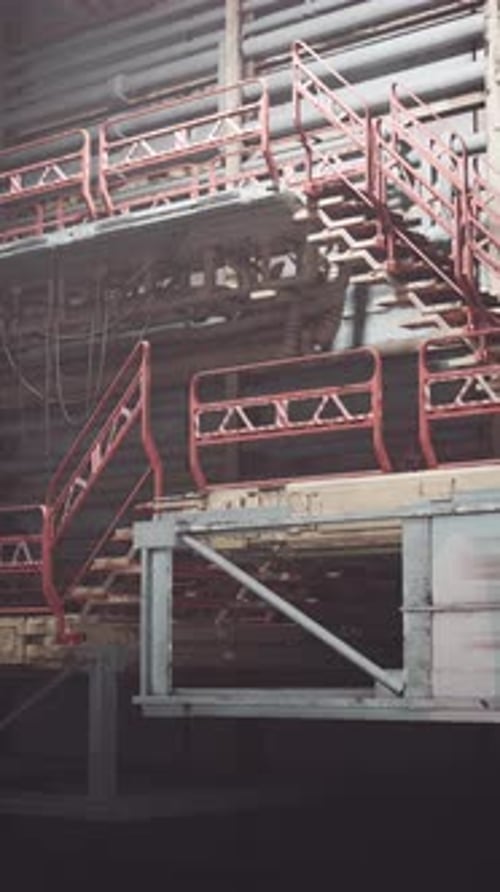 Las robustas escaleras rojas ofrecen acceso a un vasto espacio industrial con sombras