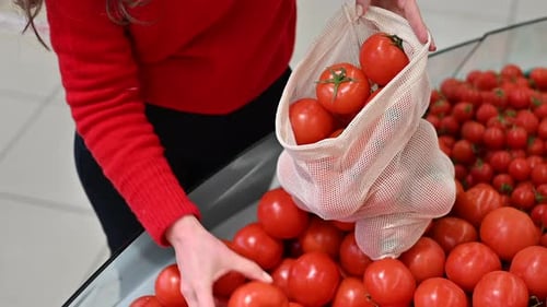 Mujer recogiendo tomates en una bolsa reutilizable en una tienda. Temáticas del Día de la Tierra y la Ecología. Cámara lenta