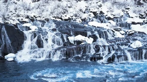 Snowy Waterfall Beautiful Nature Winter Landscape Pure Glacier Water Iceland