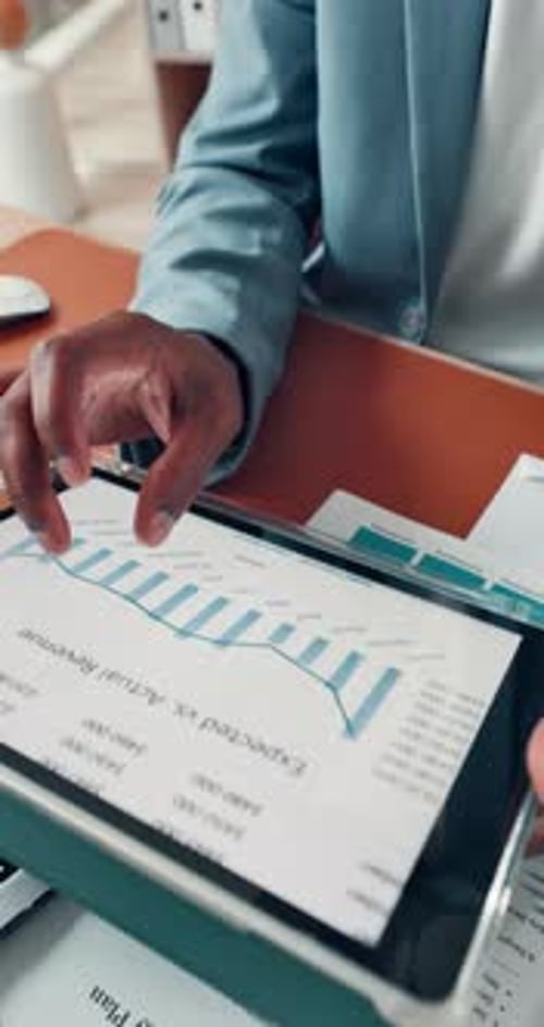 Tablet screen, hands and business person with graphs for research, project and finance agency