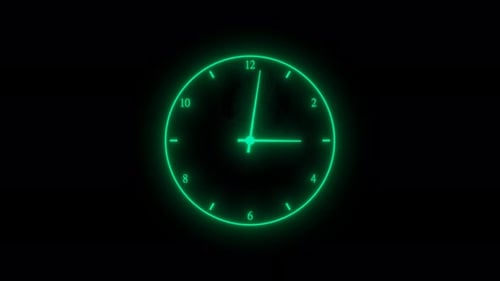 A glowing, neon green clock face on a black background displays the time.