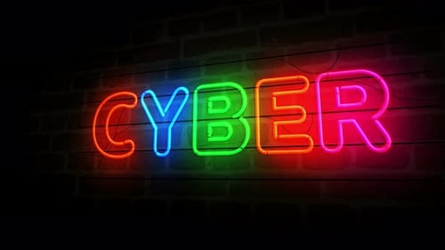 Flashing Cyber Neon Text Sign on Brick Wall