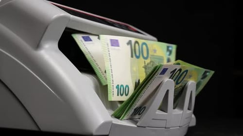 Money Counting Machine Processes Euro Banknotes