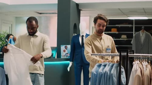 Male Customer Searching for Store Fitting Room to Try on