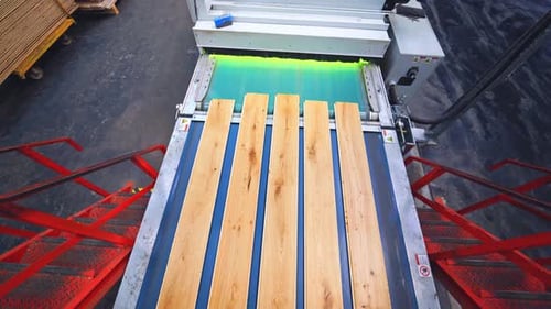 Laminate planks on conveyor line. Production of parquet boards in the modern factory.