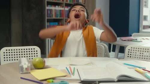African American Little Pupil Boy Son Feeling Chronic Tiredness Exhausted with Writing Homework
