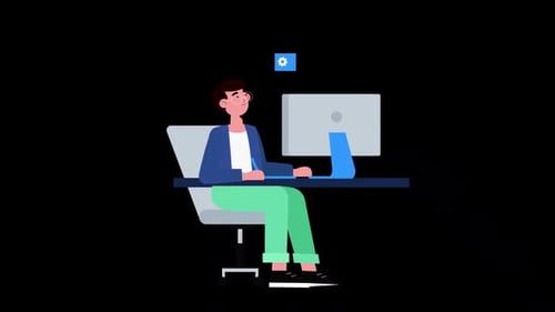 Man Working In Office With Computer Alpha Channel