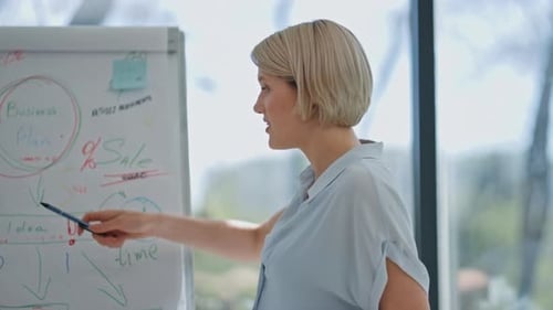 Presentation Speaker Pointing Flip Chart in Boardroom Close Up Talking Mentor
