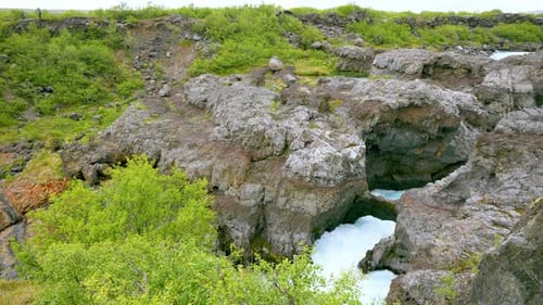 Iceland Barnafoss Waterfalls Aerial View Summer Turquoise Water.
