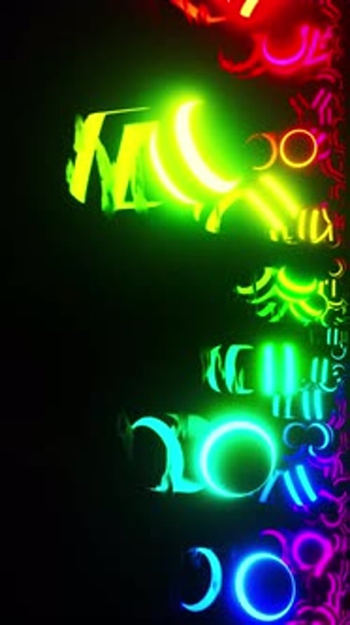 Vertical Flying over neon colorful balls with reflection from metal. VJ loop
