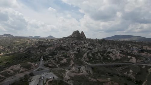 Aerial view of Uchisar Castle in Uchisar old town, Cappadocia, Turkey.