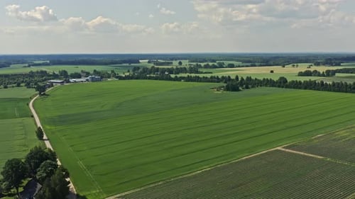 Aerial of farm house, country roads, fields and trees