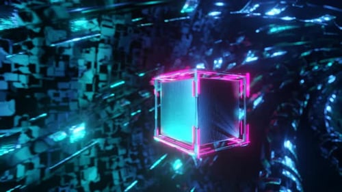Movement of a futuristic cube in a tunnel. Animation of the movement of the cube. 3d render.