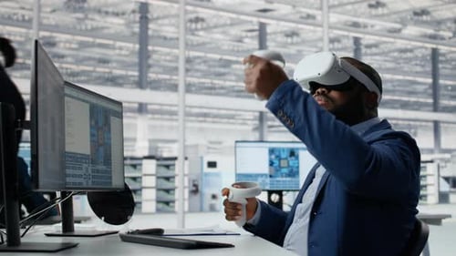 Microchip Factory Lab Specialist Using VR Headset to Analyze Chip Architecture