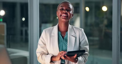 Tablet, smile and portrait of businesswoman, professional and research in office or workplace