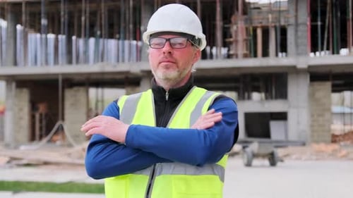 Ingeniero seguro de sí mismo, hombre guapo con los brazos cruzados en el fondo del sitio de construcción