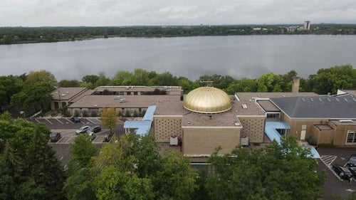 St. Mary's Greek Orthodox Church in Minneapolis. Jib motion with smooth 4k drone.