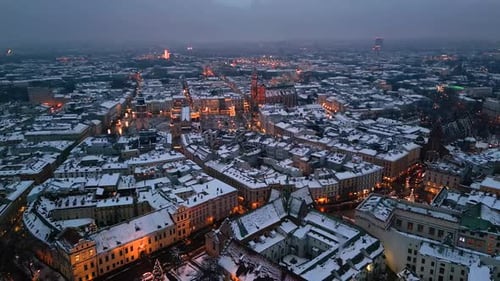 Evening aerial shot of Krakow (Cracow) city in winter, Poland, Polska, Europe