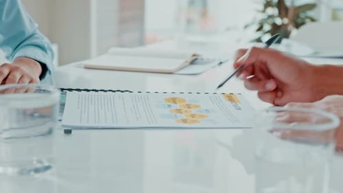 Business people, hands or infographic meeting documents for strategy planning