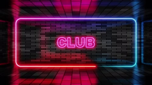 Neon sign club in speech bubble frame on brick wall background 3d render. Light banner on the wall