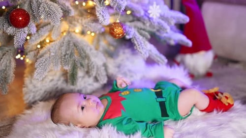 Beautiful infant baby wearing elf green costume lies under Christmas tree.
