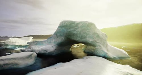 Stunning Ice Arch Formation in a Serene Arctic Landscape During Sunset